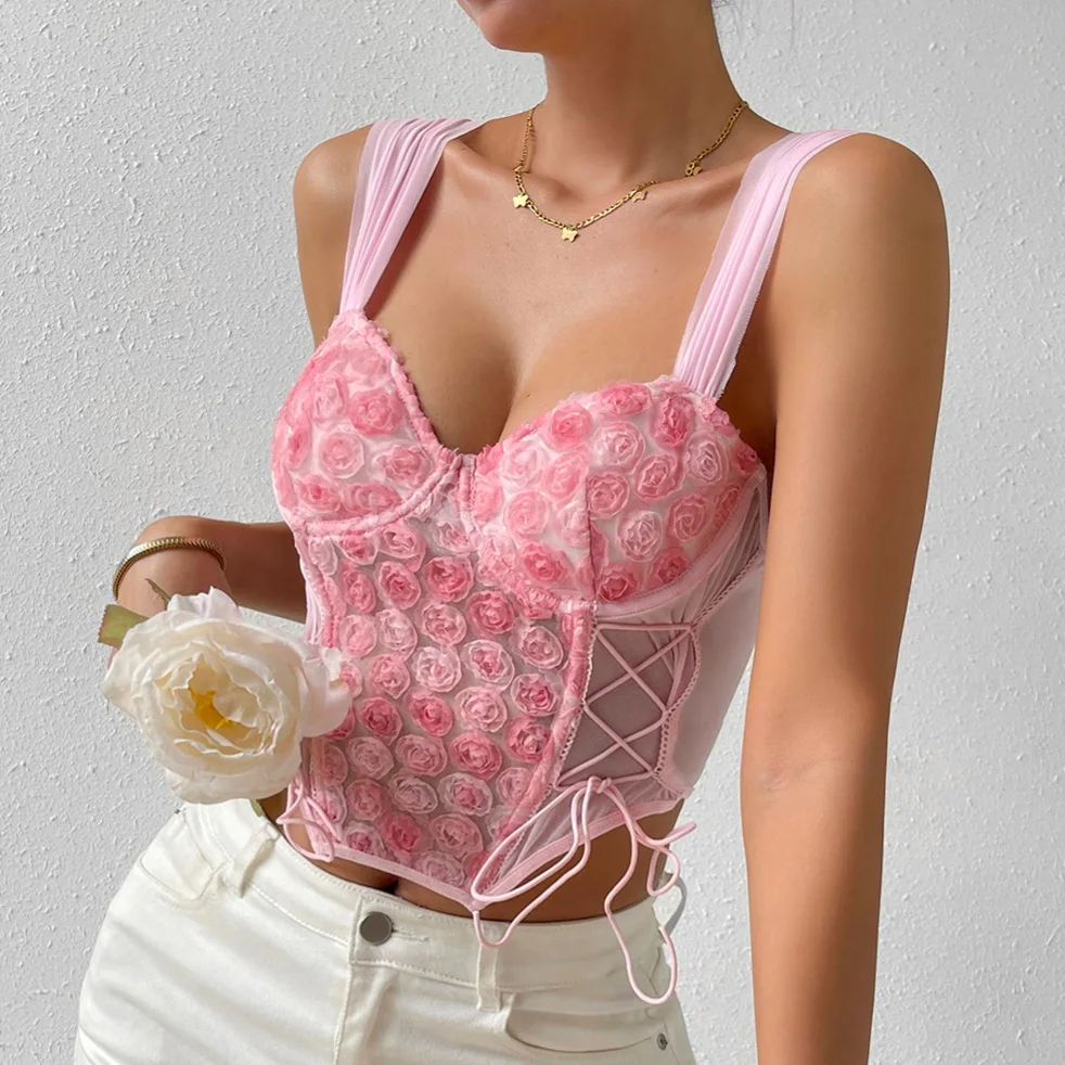 Summer new ins style Lace ribbon mesh bandage See-through corset top Lace rose flower Embroidery Fishbone Corset