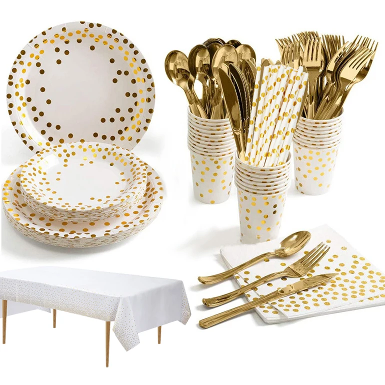 16 Guests Gilding  Of Dot Gold Theme Party Supplies Set paper plates cups straw Degradable Disposable Tableware