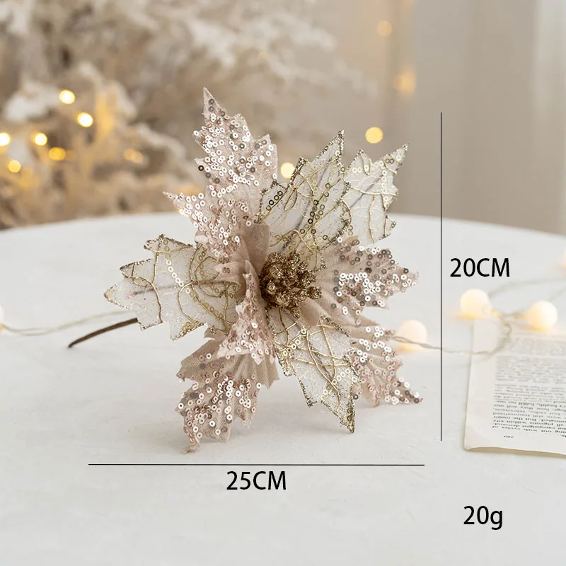 Hot Selling Christmas Flowers Golden  For Christmas Tree Decorations 20cm Sequined Flannel Christmas Flower