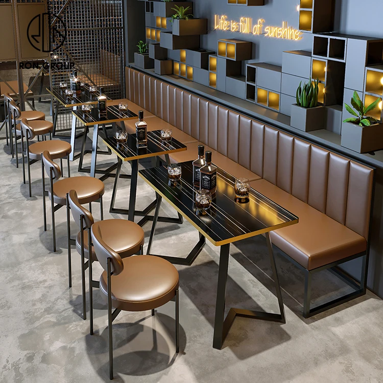 Modern Custom Color Hotel Bar Restaurant Furniture Metal Marble Table and Chair Restaurant Leather Booth Seating