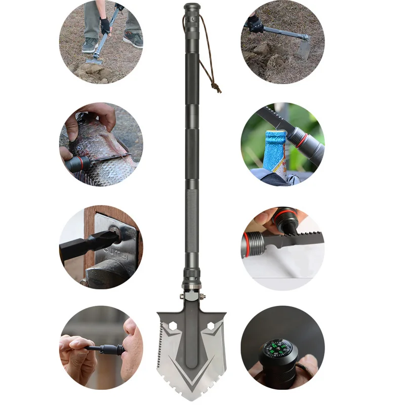 Hot Selling High Carbon Steel Garden Digging Tool Survival Shovel with Knife Screwdriver and Compass