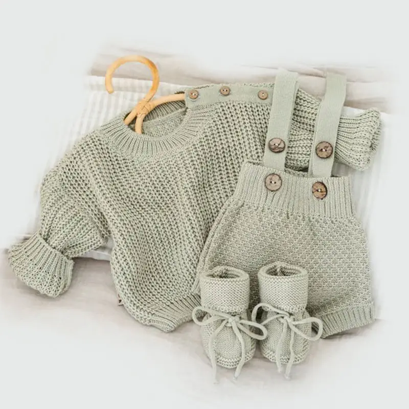 New Born Organic Cotton Outfit Knitted Set Chunky Baby Sweater Overalls Bloomers Clothes Knit Baby Clothing Set
