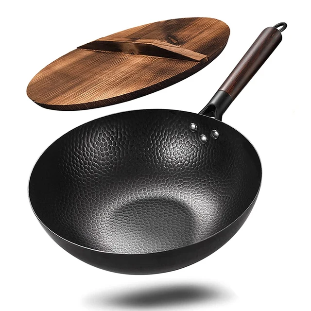 Traditional Hand Handmade Iron Wok Non-stick Carbon Steel Wok Pan Non-coating Chinese Wok with Wooden Lid