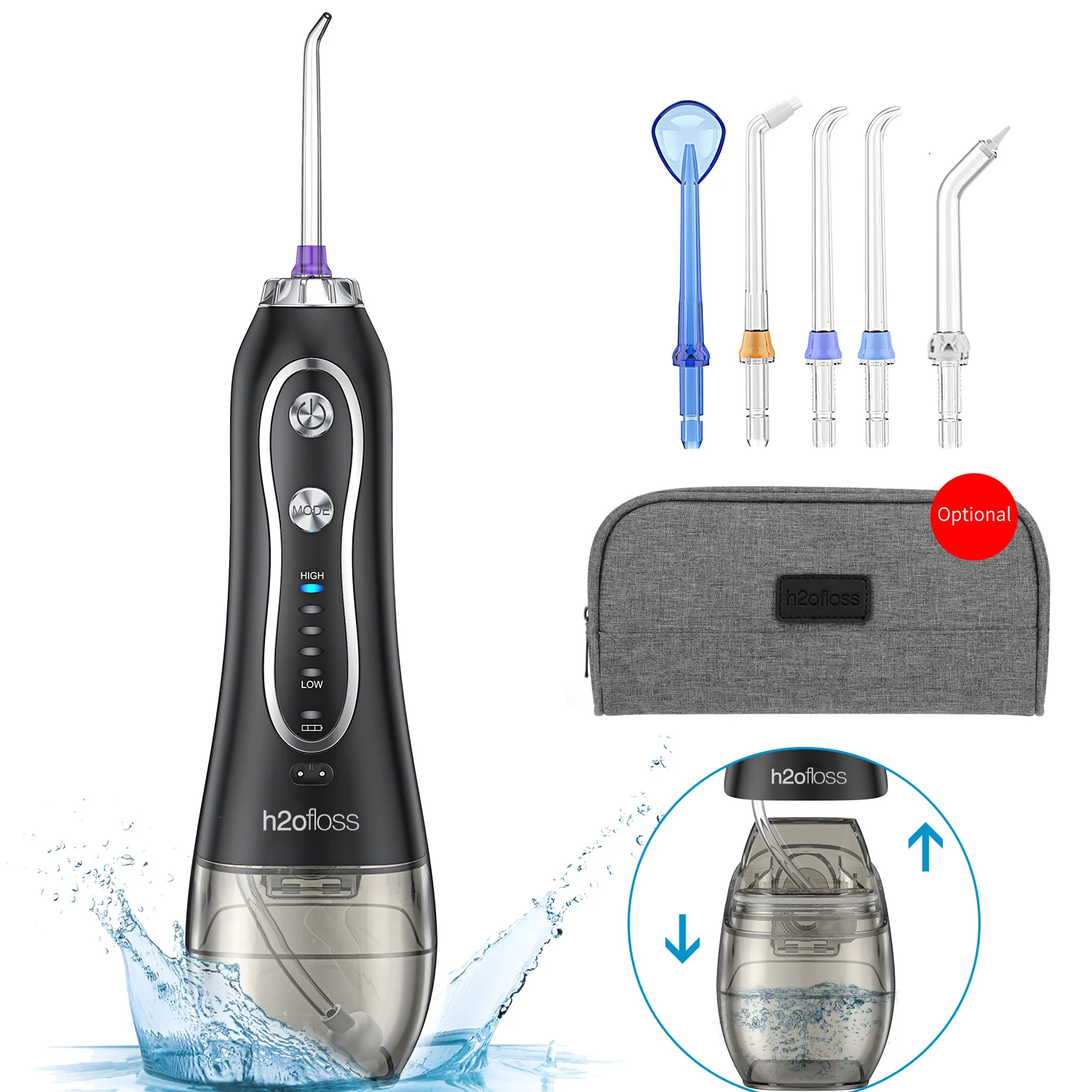 
Water Flosser for Teeth Cordless - H2OFLOSS 300ml Portable Oral Irrigator Flosser 5 Cleaning Modes & 6 Jet Tips, IPX7 Waterproof 