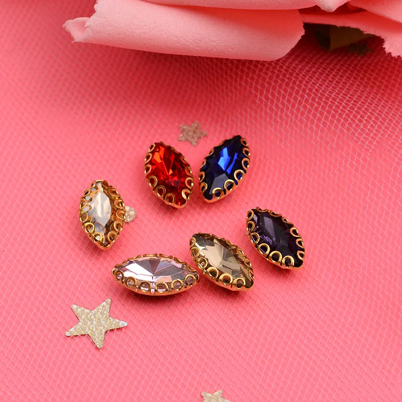 Hot Sale Popular Marquise Rhinestone with Golden Lace Claw Sew On Glass Gem Stone for Jewelry Making Garment