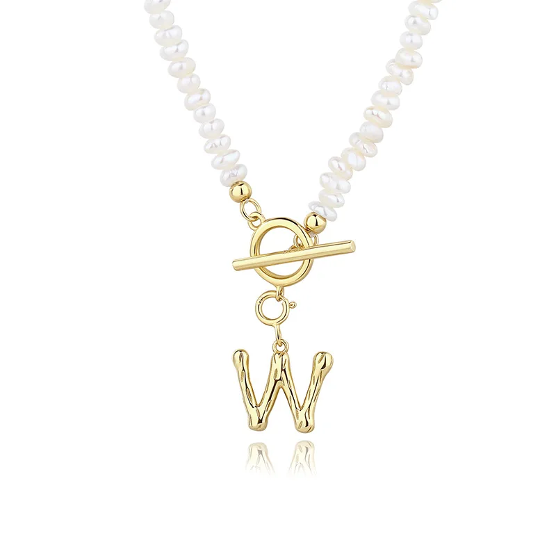 Wholesale Alphabet Baroque Pearl Necklace OT Buckle Clasp Initial Pendant S925 Sterling Silver Gold Plated A-Z Necklace