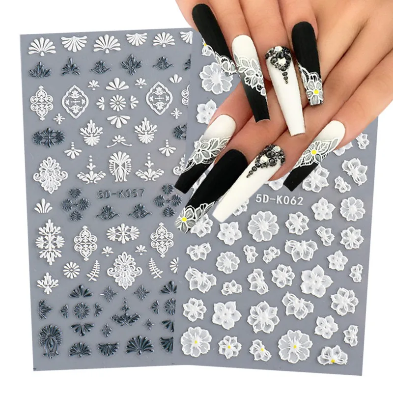 New F series nail relief stickers 5d stereo hollow black and white lace flower glue nail stickers