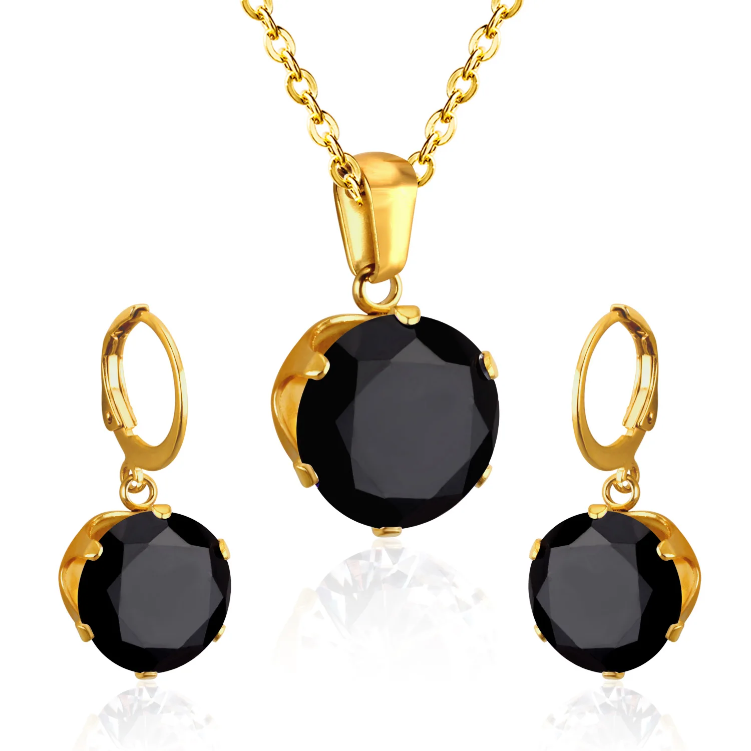 Dubai bride 18k gold plated stainless steel wedding round zircon custom fashion necklace jewelry set