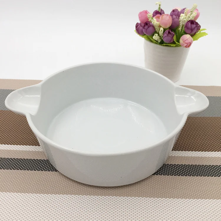 High quality wholesale cheap two handle round  porcelain soup bowl bakeware for daily use ceramic for hotele