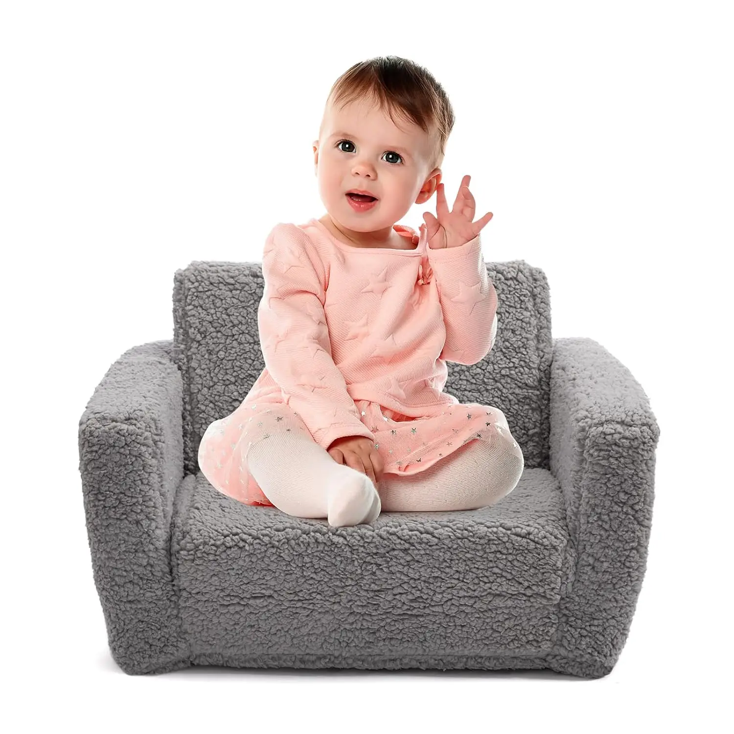 Birthday Gift Convertible Sofa 2-in-1 Flip Out Cuddly Sherpa Toddler Couch Kids Sofa Bed for Girls Boys