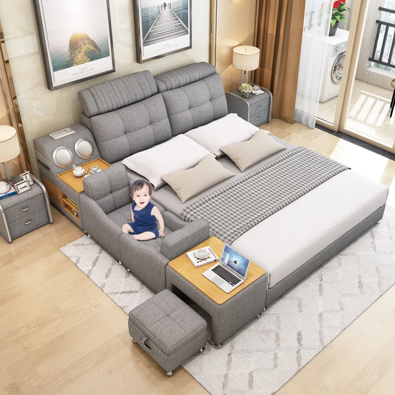 Modern Smart Single Sofa Bed Multifunctional Leather Wooden Bed