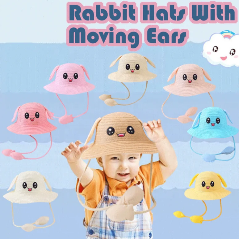 Kids Baby Caps Sun Hat Rabbit Straw Hats With Moving Ears Summer Air Children