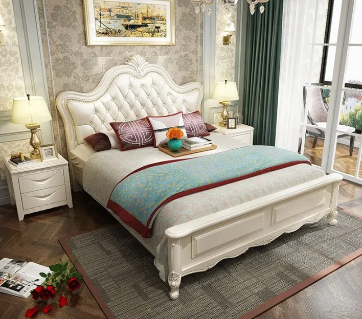 European Luxurious Solid Wood Frame King Size Tufted Button White Leather Headboard Bed