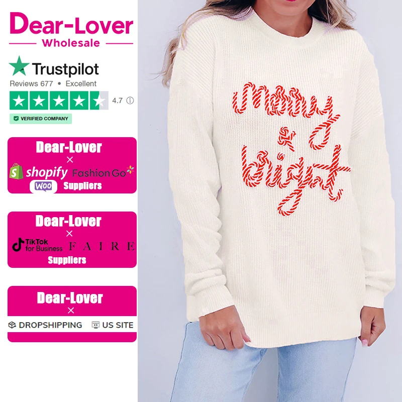 Dear-Lover High Quality Ladies Striped Merry Bright Letter Women Christmas Knitted Sweater