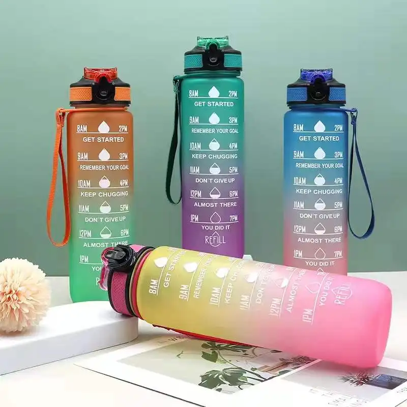 Outdoor Travel Portable Leakproof Cup BPA Free Gym Plastic Sports Matte Straw Motivational Water Bottle With Time Marker