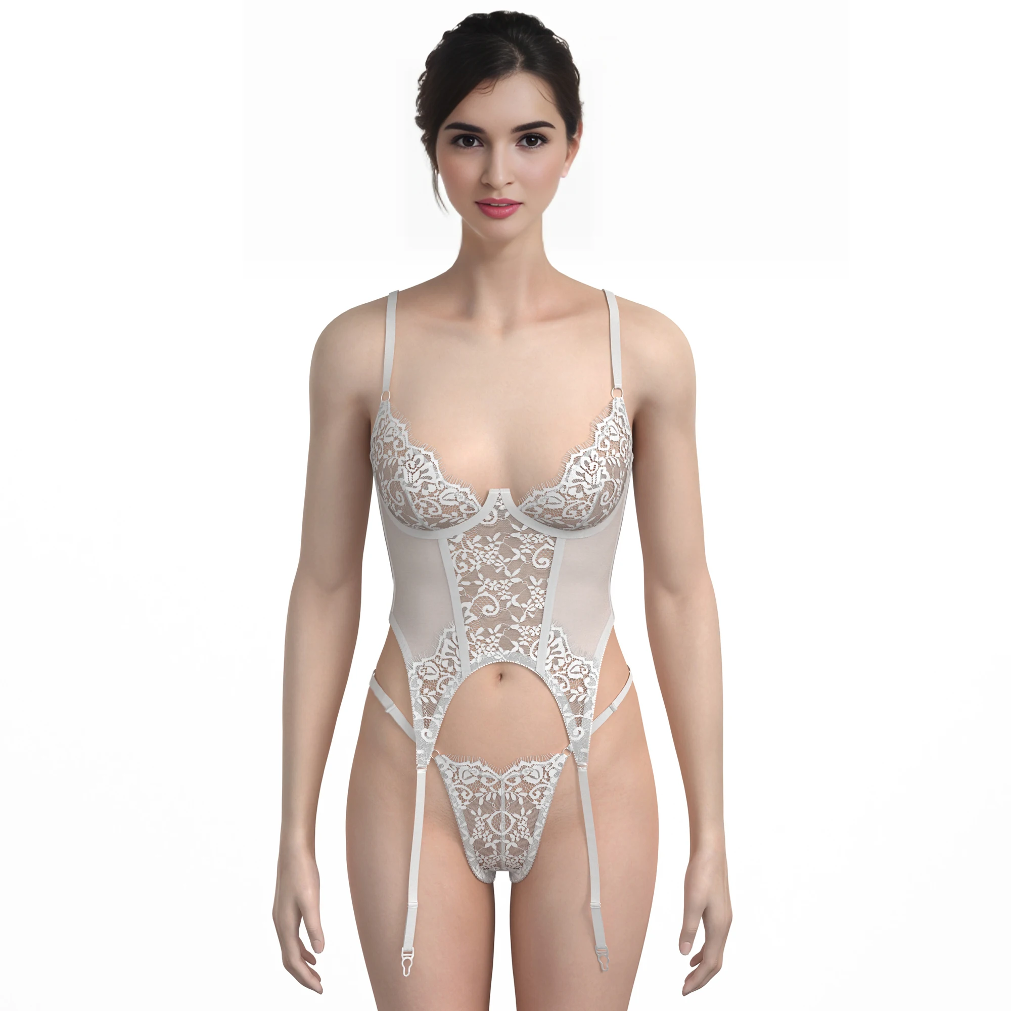 2024 Lady Underwear Fashion Sexy See Through Embroidery Lace Lingerie String Thong Wholesale Corset Bra & Brief Sets