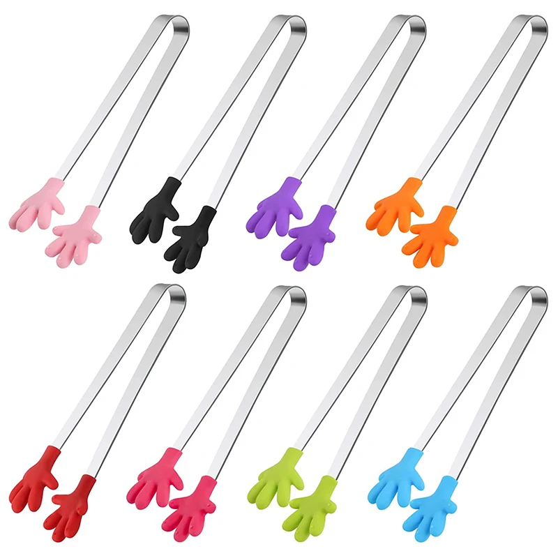 Non-slip Palm Shape Mini Cute Silicone Ice Food Serving Tongs Stainless Steel Ice Cube Tongs