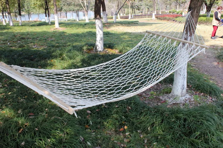 Outdoor Mesh Hammock Single Person Cotton Thread Solid Wood Indoor Swing Wooden Stick Rope Double Net Pocket