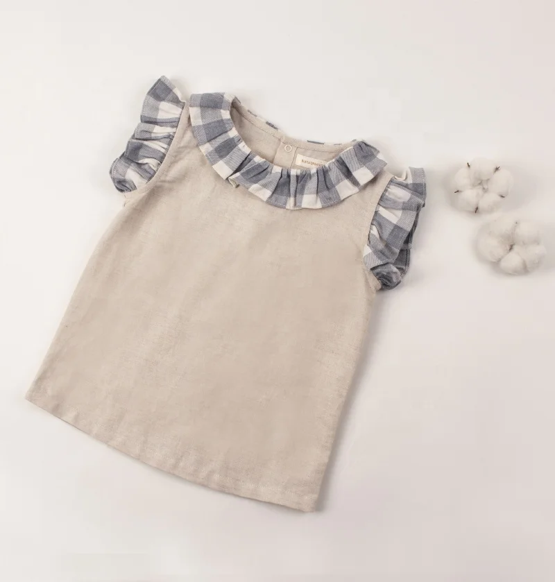 Blue linen girl shirts Hot Solid Ruffle Trim Sleeveless Blouse  Cheap Wholesale Children Shirt Spring and summer