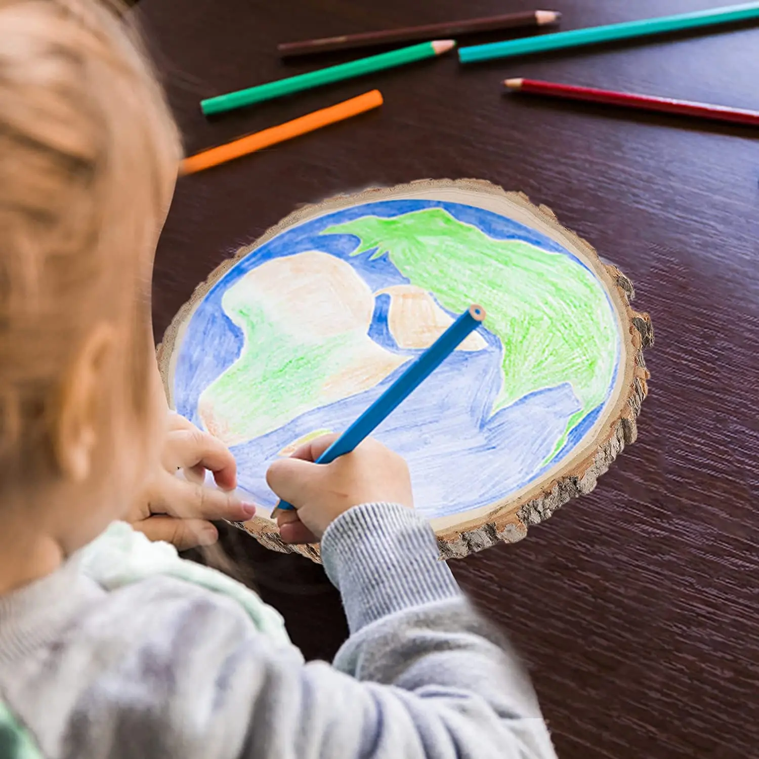 Large wooden centerpiece of unfinished wood chips natural blank wood pieces slice round