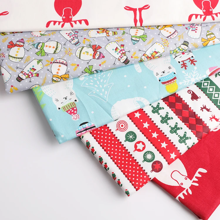 Cartoon snowman wapiti elk deer Santa Claus printed Christmas cotton fabrics for bed sheets by meter