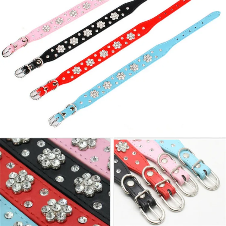 Rhinestone Flower Pattern Studded Cute PU Leather Dog Collar for Small and Medium Dogs