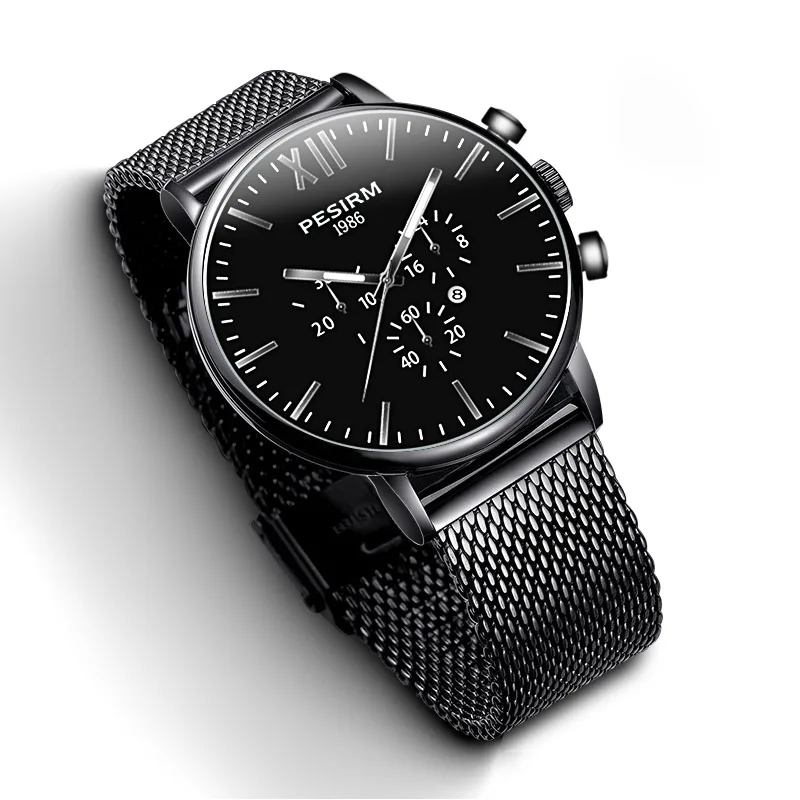
New Business Pesirm Brand Small MOQ Dual Time Custom Printed Glass Quartz Watch For Man 
