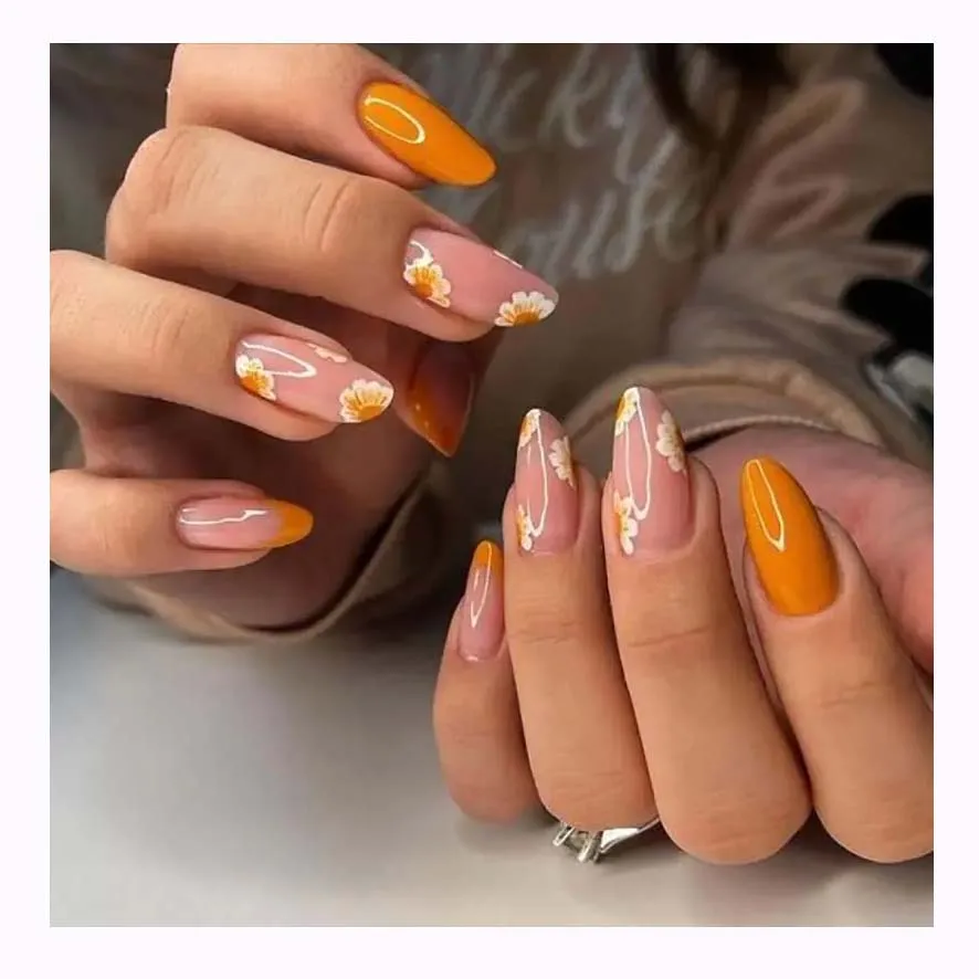 Hot selling toe finger press on nails set spring summer young light orange flower private label artificial fingernails