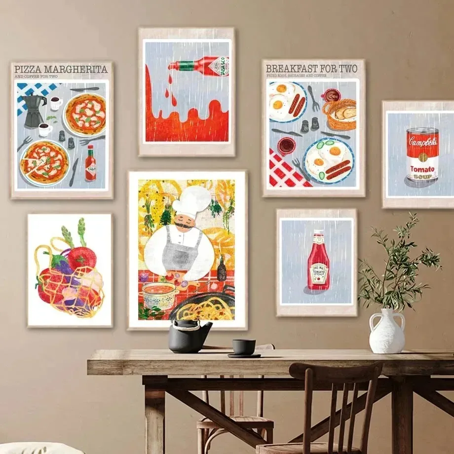 Pizza Pasta Hot Sauce Food Vegetable Soup Wall Art Canvas Painting Printed Wall Images for Kitchen Decoration