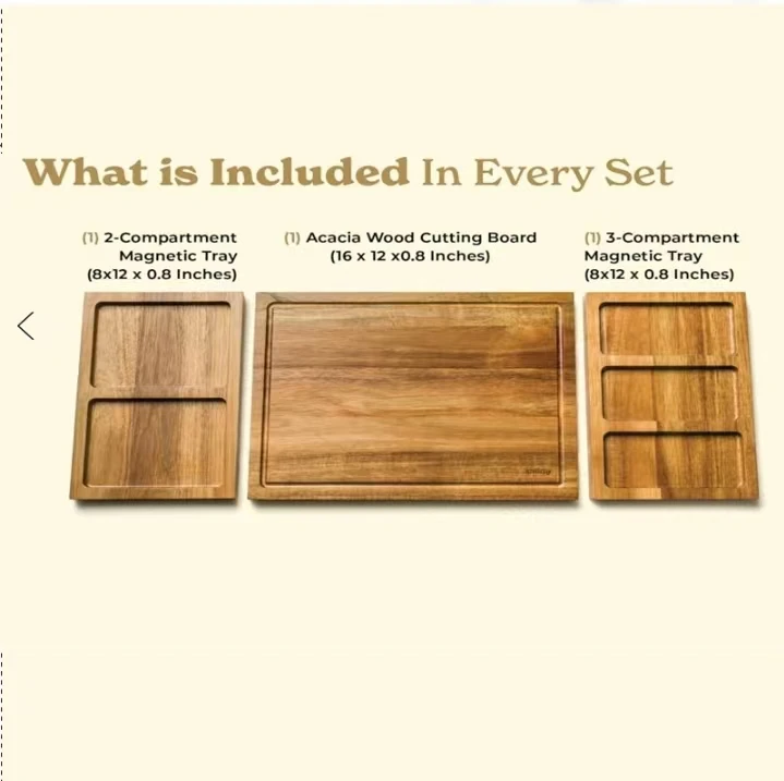 Acacia Wood Enlarged Cutting Board  Set With Magnetic Suction Splicing Cutting Board and Divided Tray, Vegetables and Cheese