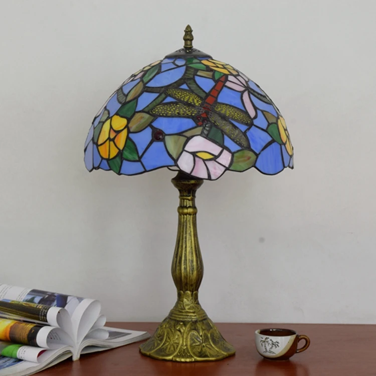 12 inch European style Blue dragonfly lotus Art Table Lamp Tiffany Stained Glass Retro Bar Dining Room Bedroom Bedside Lamp