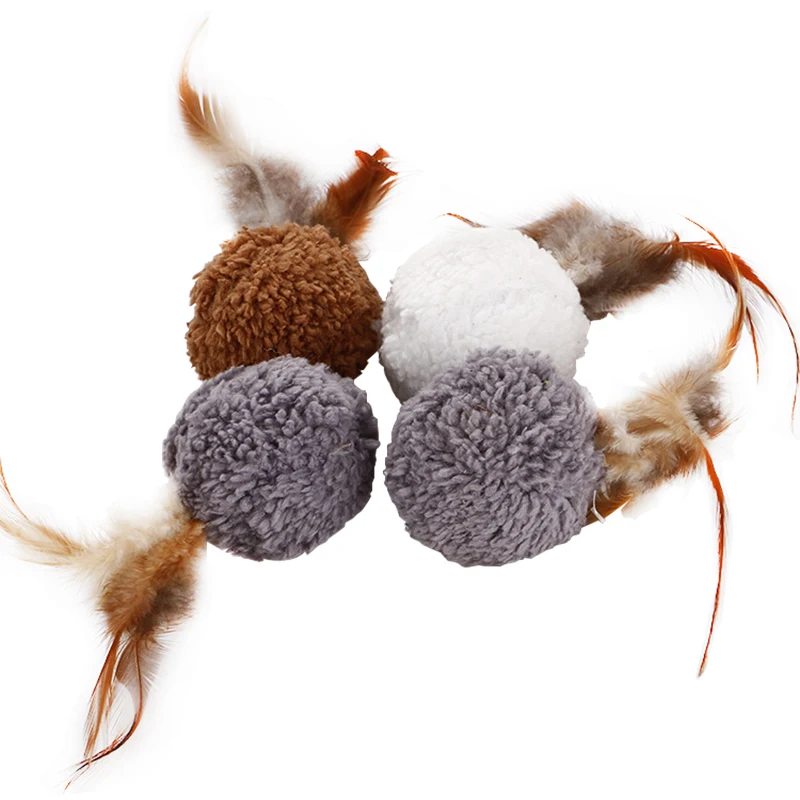 
best selling handmade three color plush cat toy ball with feather 