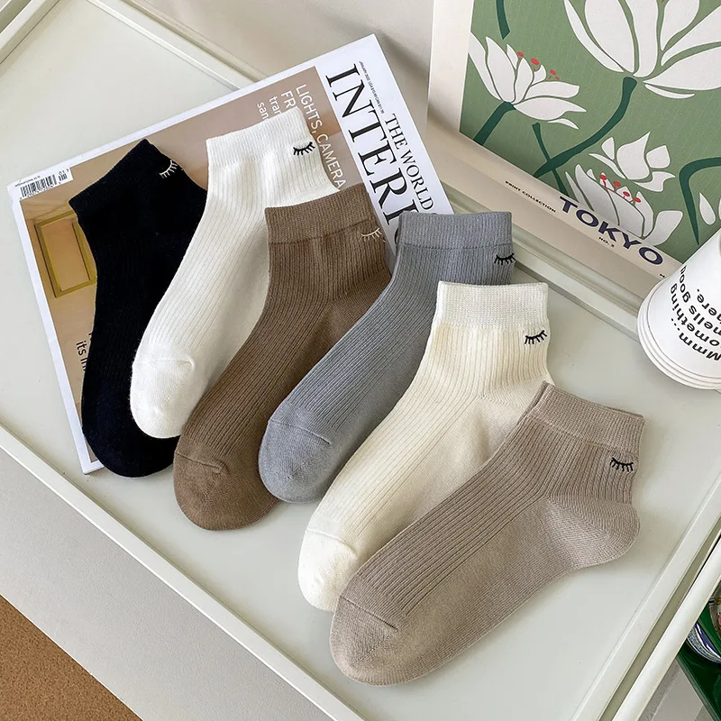 Plain Women Kids Girl Lounge Sport Socks Embroidery Eyelash Logo Spring Summer Thin Organic Cotton School Socks Short Crew