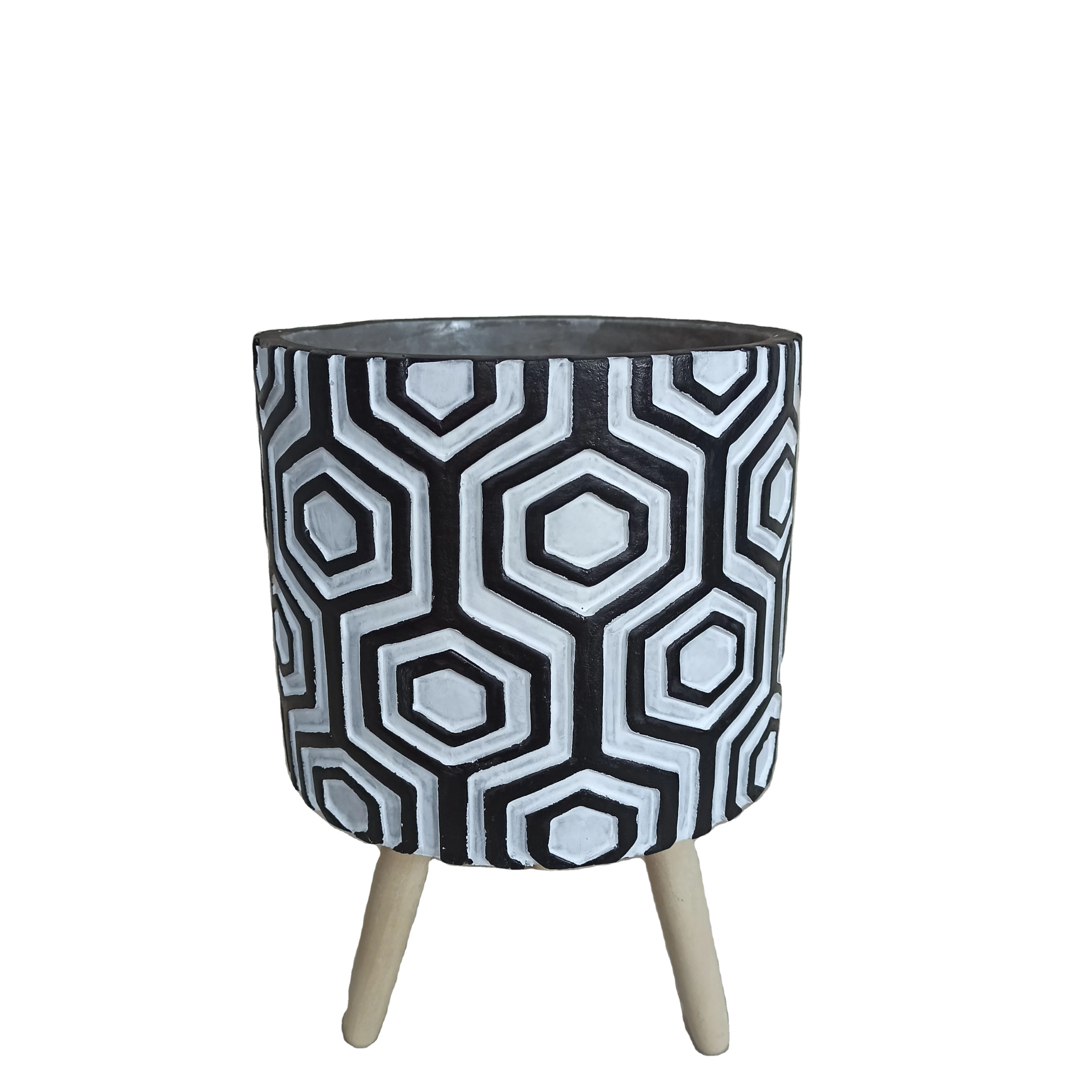Indoor Planter with Stand, 8 Inches  Matte White and Grey Geometric Planter Pot for House Plants