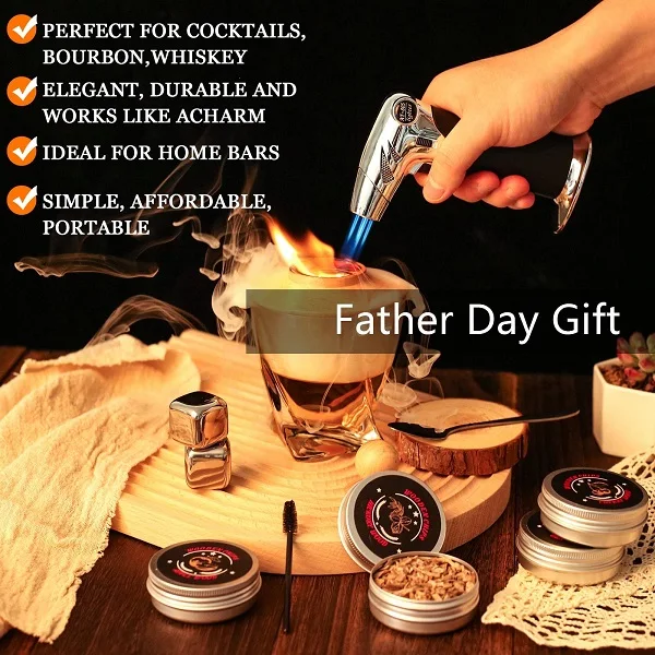 Old Fashioned Drink Smoker Kit with 4 Flavors Wood Chips Bourbon Whiskey Cocktail Smoker Kit with Torch