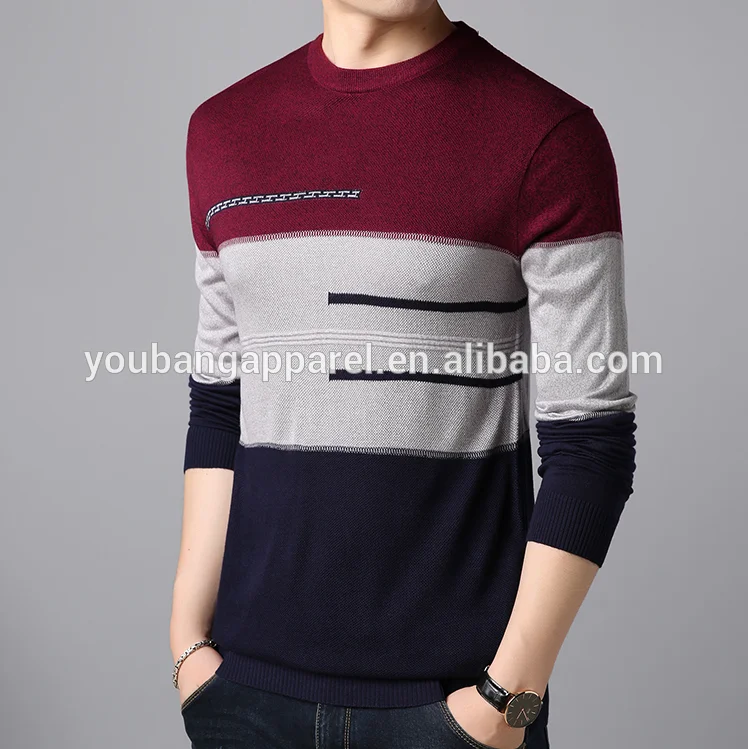 Мужской осенне-зимний тонкий акриловый вязаный джемпер в полоску с круглым вырезом