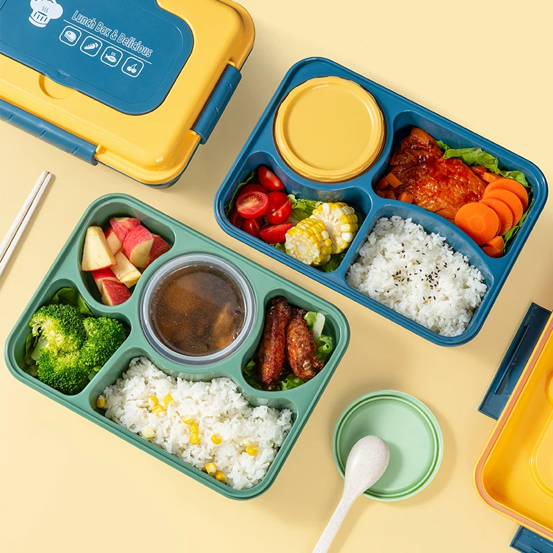 4 and 5 compartments plastic bento box microwave safe reusable pp plastic tiffin box kids grid bento box lunch with printing