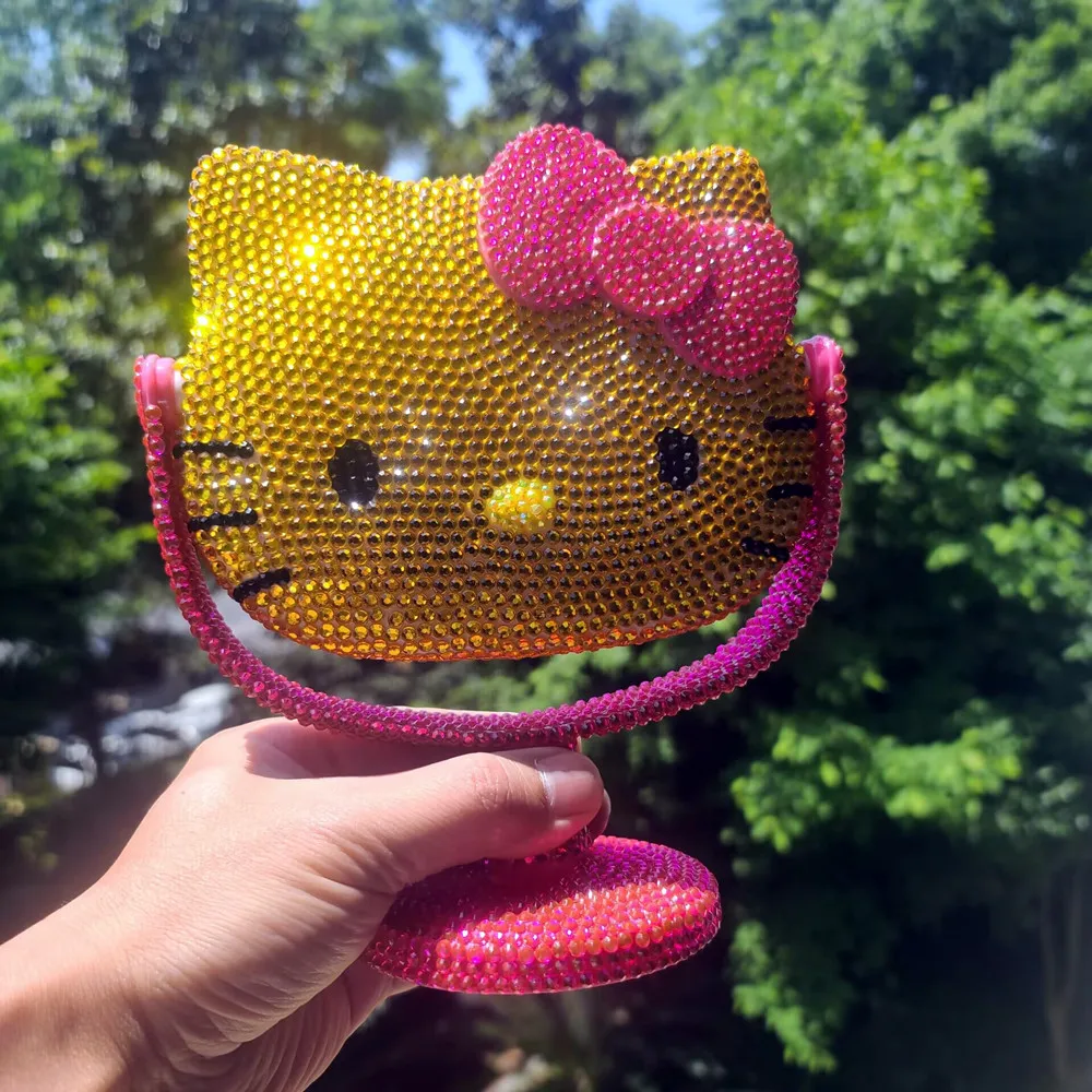 Cartoon 3D Lovely Bling Hello Kt Mirror Espejo De Maquillaje Plastic Diamond DIY Makeup Mirror Girly Princess Kitty Cat Mirror
