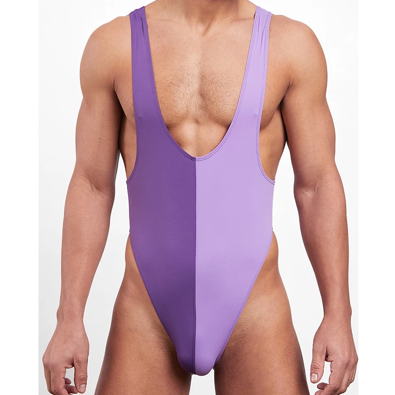 Custom Super soft & lightweight Low cut neck front and back 2Tone sexy One Piece Swimsuit - Pink (with thong back) mens swimwear