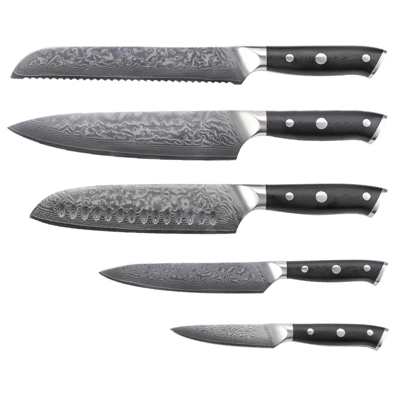 Set Cuchillos Cocina Profesional Chef Damaskus Messer Set 5 Pce Forged Damascus Steel Kitchen Knife Set With G10 Handle