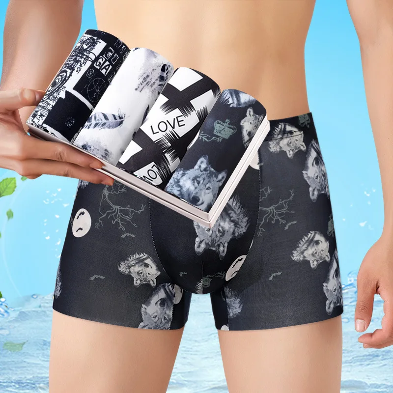 High Quality Cool Ice Silk Mens Boxer Brief Seamless Breathable Shorts Mid-waist Men Underwear