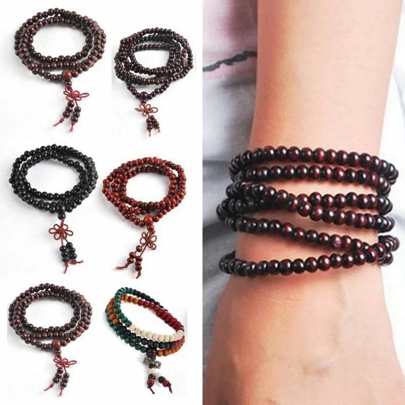 6 Styles 6mm Natural Sandalwood Buddhist Buddha Wood Prayer Beaded Bracelet Knot Black Ebony Bracelets for Men Jewelry
