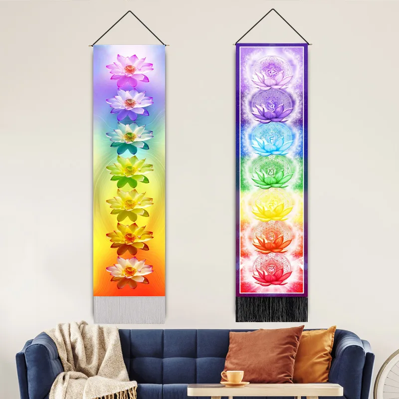 51.2X12.8 Inches Indian Hippie Buddha Wall Decor Seven Lotus Long Tapestry Vertical Wall Hanging with Tassel