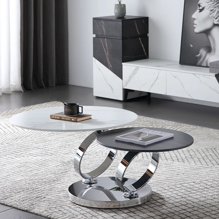 639 round small space saving living room furniture sets modern sintered stone rotating center coffee tables