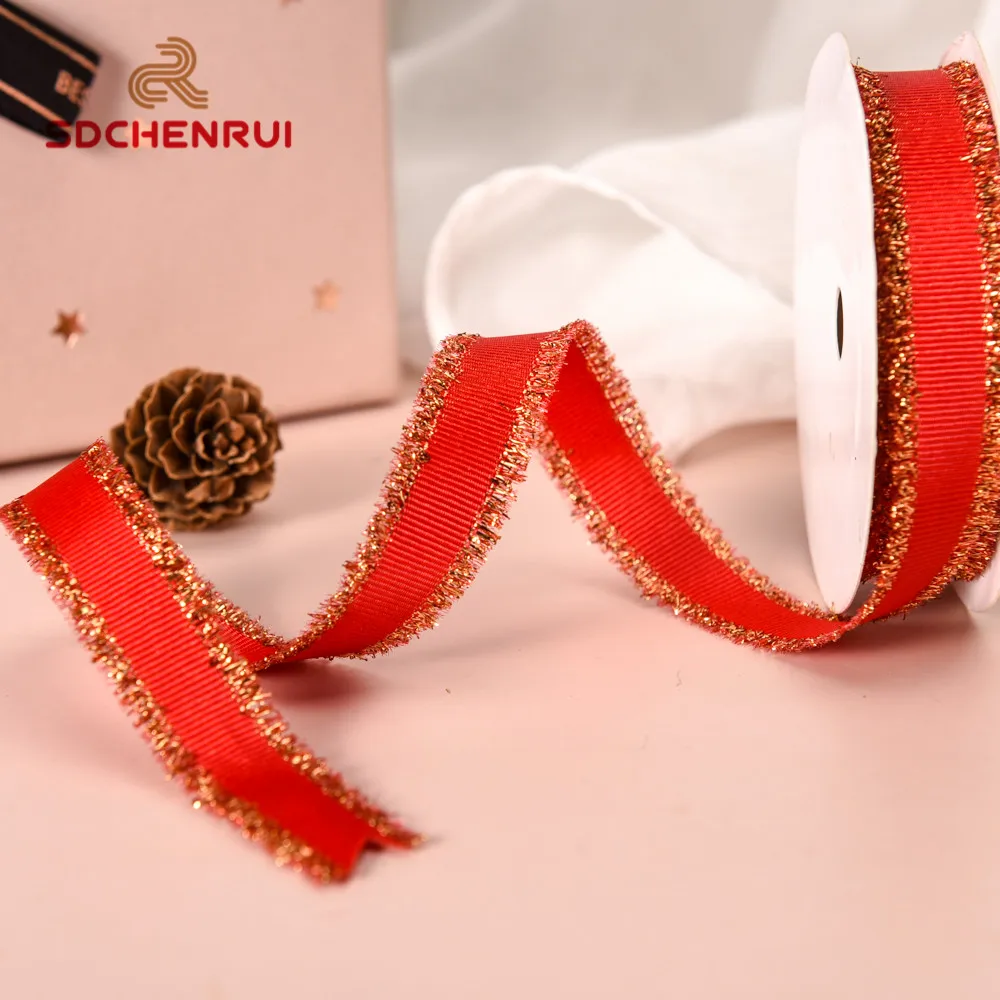 Factory directly new style 16/25/38 MM fashion double face gold purl silver metallic fringe edge grosgrain ribbon For packaging