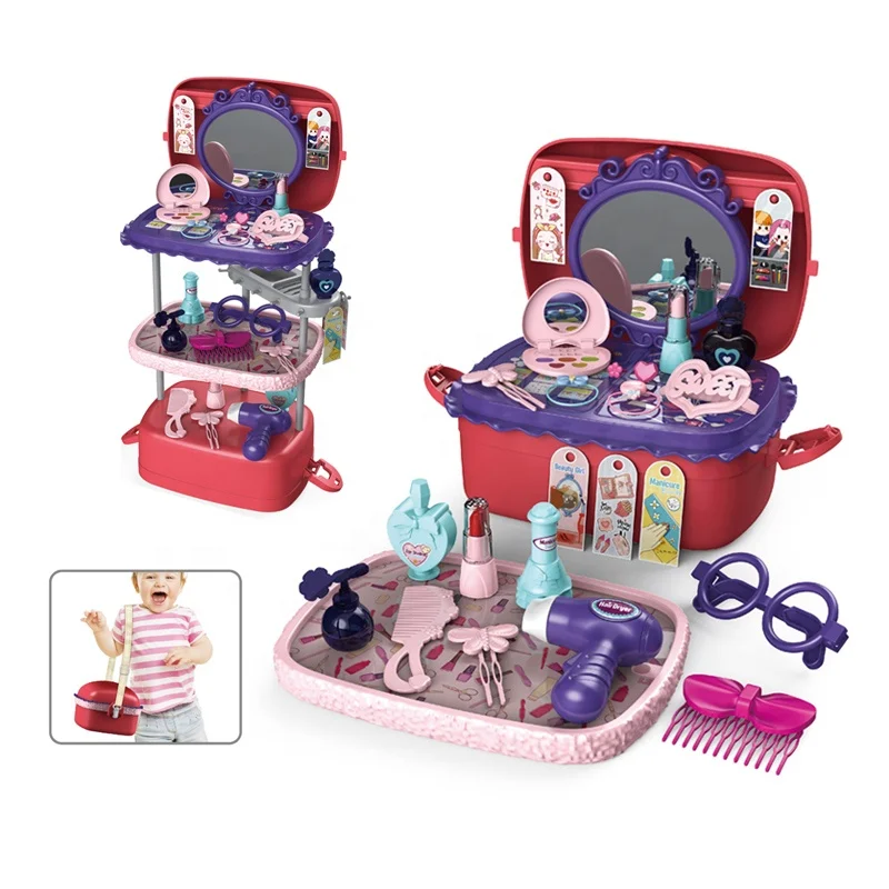 Kids Pretend Play Girls Dressing Table Fashion Mobile Backpack Set Make Up Toy
