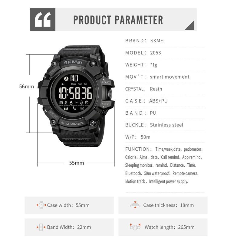 SKMEI 2053 fashion super black mens smart watch latest Silicone band bluetooth step counting running sports watch supplier