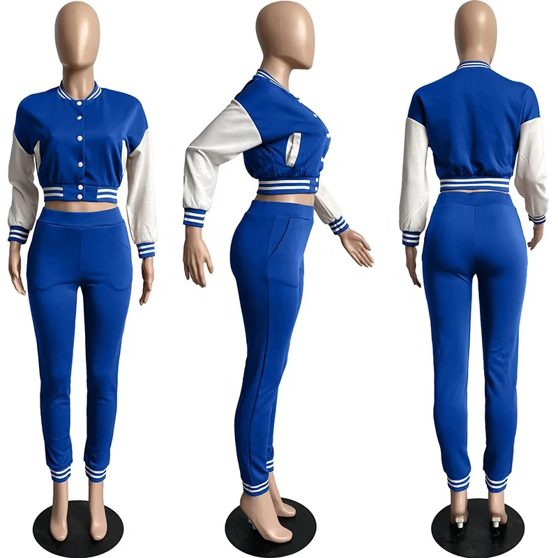 Womens Two Piece Sets Baseball Uniform Letterman Varsity Jacket Pants Suit Matching Streetwear Patchwork Sweatsuit Tracksuits