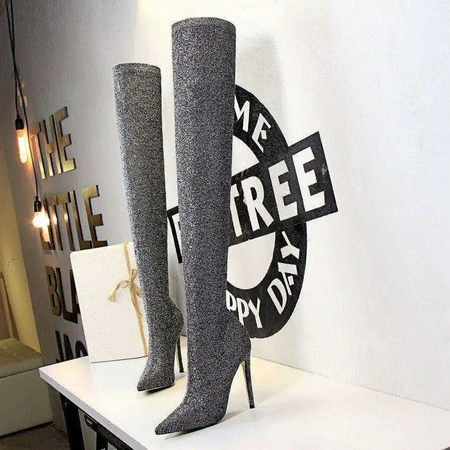 
2021 Women Stretch Fabrics Knee High Boots Pointed Toe Ladies Autumn Winter High Heel Casual Long Boots 