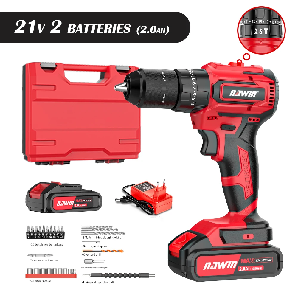 NAWIN RTS 10mm 21V Brushless Bor Cordless Impact Drill Industrial Electric Portable Power Drills